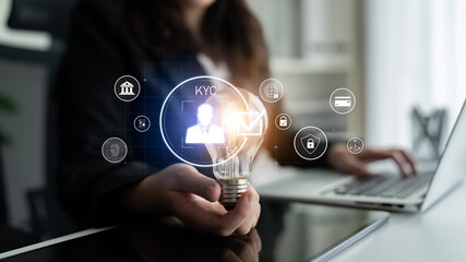 Digital KYC verification with biometric scan, ID authentication, and financial security icons...