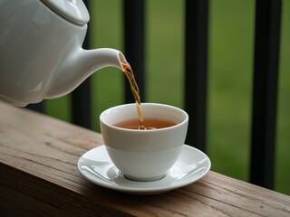 Tea poured from kettle into cup on saucer on wooden railing, outdoor morning drink with green background.