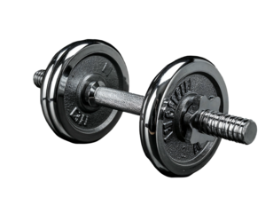 A close-up, isolated shot of a chrome dumbbell against a solid black background. The weight plates and handle are polished