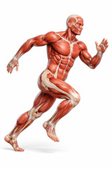 Anatomy muscle runner human muscular system medical hologram health technology longevity biohacking showing detailed muscle fibers and tendons in motion conveying strength and vitality