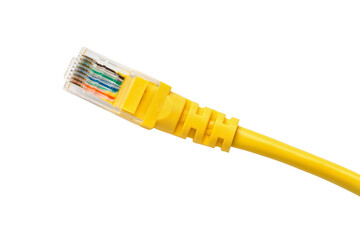 Yellow RJ-45 connector isolated on white background. Connector for connecting an internet cable