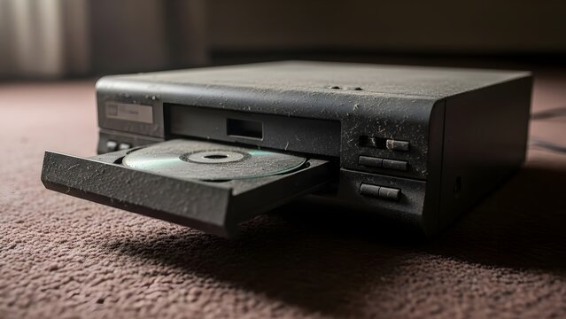 Dusty old CD player on a carpeted floor, a relic of outdated technology