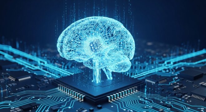 A futuristic brain with digital circuits and neural connections against a dark background. - Powered by Adobe