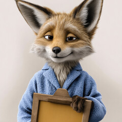 Obraz premium Fox in blue blazer holding clipboard, smiling, anthropomorphic animal character, cheerful expression, light background, presentation concept