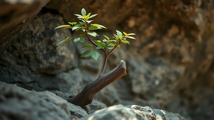 Obraz premium godliness. Young tree growing through rock crevice showing resilience in nature. ESG reports, sustainability campaigns, designed for environmental awareness campaigns, promotes sustainability.