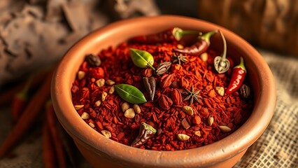 berbere. A rustic terracotta bowl filled with vibrant red berbere spice blend and dried chili peppers. menu design, packaging mockups, designed for food delivery and cloud-kitchen brand materials.