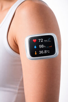 Wearable medical hologram health patch displaying heart rate oxygen and temperature in sleek technology device suggesting longevity and biohacking benefits for wellness monitoring