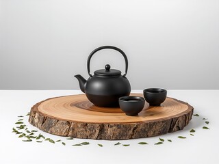 Black teapot with cups on wooden slab, minimal tea set isolated on white background with scattered leaves.