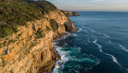 Dramatic coastal cliffs meeting the vast ocean with crashing waves.