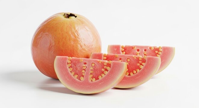A single guava fruit and several slices of guava on a white background.