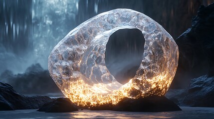 A mysterious illuminated crystal structure within a cavernous environment