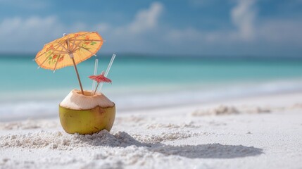 A refreshing tropical coconut drink sits on a pristine white sandy beach. A small decorative parasol and straws are in the coconut