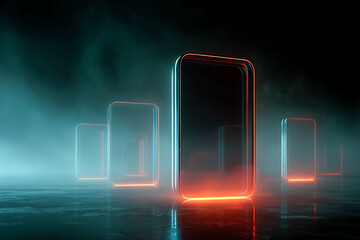 Abstract glowing rectangles in futuristic neon light on dark reflective surface. Minimal technology background symbolizing digital growth, innovation, data and modern UI concept