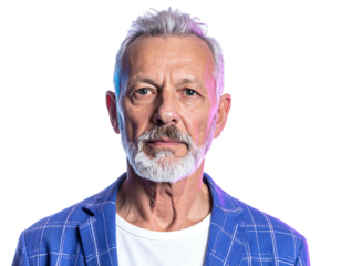 A close-up portrait of an older man with gray hair and a short beard, wearing a white t-shirt and blue jacket