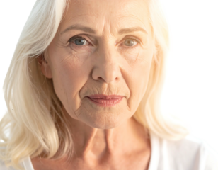 A close-up portrait of an older woman with white hair. The image is brightly lit, showcasing wrinkles and a soft, natural expression
