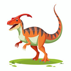 Obraz premium Cartoon parasaurolophus dinosaur illustration on green grass against white background