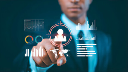 Professional interacting with a futuristic digital screen displaying customer targeting, data analytics, and global business strategies for market growth