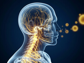 Transparent human neck and chest illustrating vagus nerve activation and acetylcholine release signaling for neuromodulation and autonomic regulation. neuroscience & Medical Technology