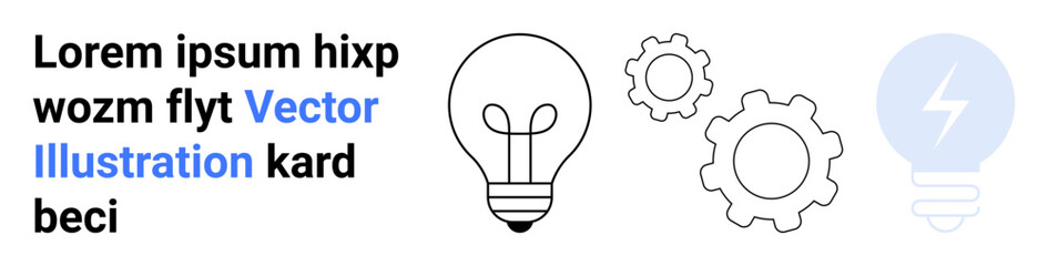 Innovation, creativity, engineering, technology, problem-solving, electricity. Outline of a light bulb and gears with a blue lightning bulb icon. Innovation and creativity visually © robu_s
