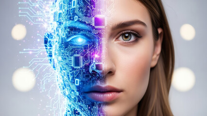 A captivating portrayal of human and artificial intelligence merging, illustrating the transformative power of technology and futuristic innovation