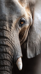 Fototapeta premium Elephant face close up detailed skin texture large tusk expressive eye wildlife portrait natural light