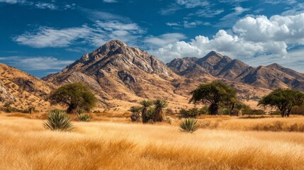 A scenic vista showcasing mountainous terrain, arid grasslands, scattered trees, under a dynamic, cloudy azure sky