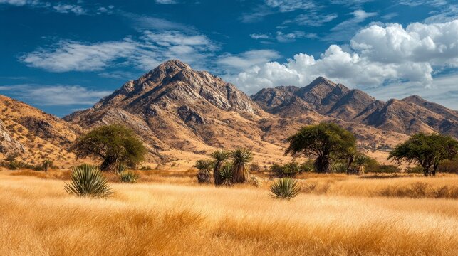 A scenic vista showcasing mountainous terrain, arid grasslands, scattered trees, under a dynamic, cloudy azure sky - Powered by Adobe