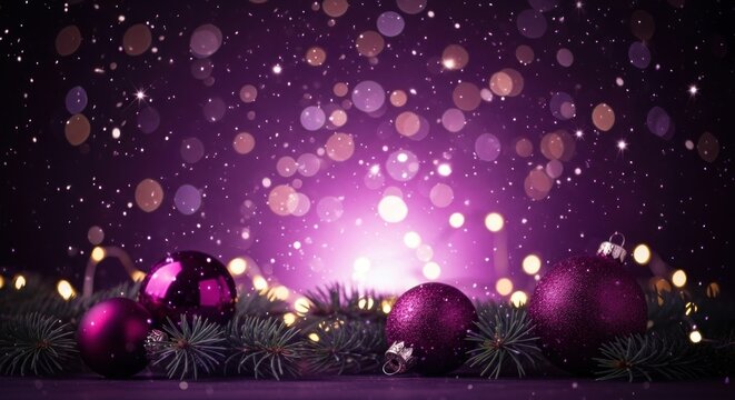 Purple Christmas baubles with snowflakes and bokeh lights on a purple background. - Powered by Adobe