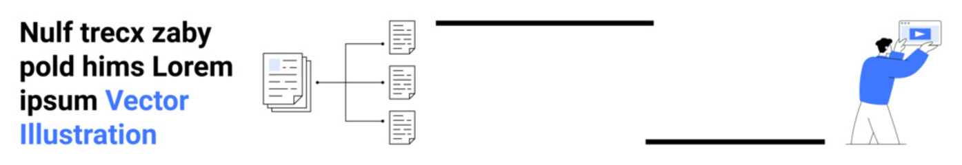 Fototapeta premium File hierarchy diagram connected to a person holding a screen with a graph. Ideal for data organization, digital analytics, teamwork, innovation, workflow, technology, or simple landing page