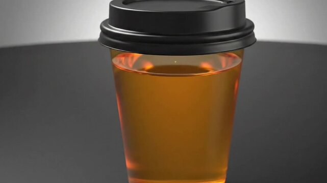 A refreshing amber beverage in a clear disposable cup with a black lid ready to be enjoyed
