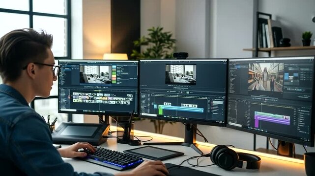Young professional editing video in modern workspace