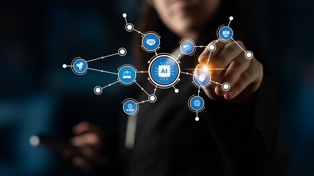 This image depicts a concept of artificial intelligence with a digital interface showcasing user interaction, emphasizing innovation and advanced technology trends. Tessel - Powered by Adobe