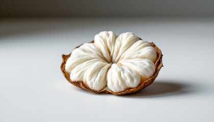 A close up of a single edible flower resting on a white surface. The flower, which is spherical in shape with multiple layers, exhibits a creamy texture and appears fresh and untouched