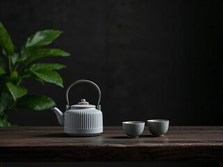 White teapot and cups on wooden table with plant on dark background, minimal calm tea time with copy space.