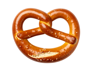 A close-up shot of a pretzel with a golden-brown crust. Tiny salt crystals glisten, highlighting its unique twisted form, isolated on black