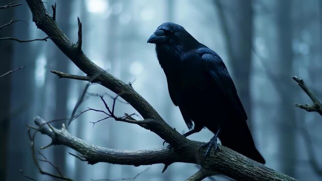 A dark crow perched on a weathered branch in a misty forest scene. The bird is silhouetted