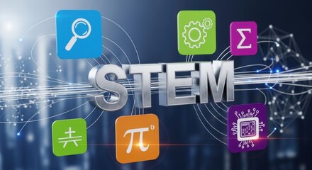 A digital illustration of a STEM education concept with the letters 'STEM' and various icons representing different subjects.