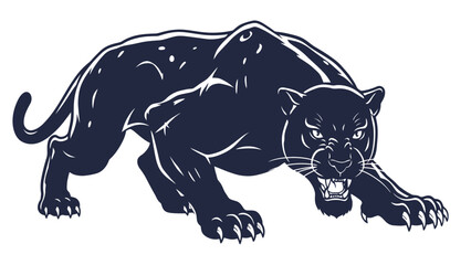 Obraz premium Fierce black panther crouched low, ready to pounce with bared teeth and intense gaze.