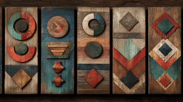 Rustic wooden panels featuring Native American art  Pueblo inspired patterns