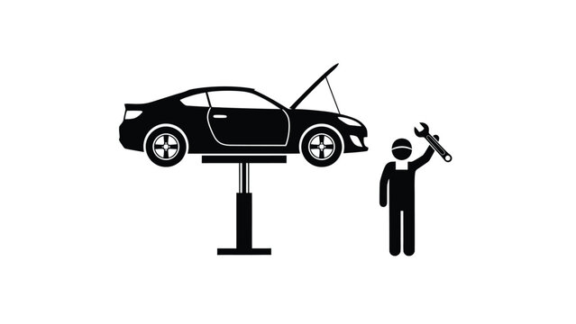 Car service icon with a mechanic raising a wrench and a car on a lift