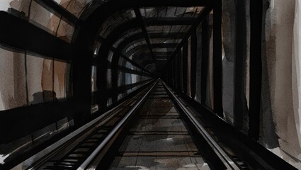 Obraz premium Watercolor Painting of a Dark Subway Tunnel