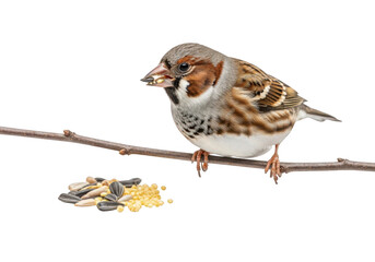 Fototapeta premium Small brown sparrow perched on a branch eating seeds isolated on transparent background