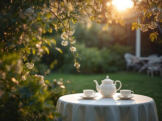 Outdoor tea set on tablecloth with sunlight in garden, romantic afternoon tea with bokeh and copy space.