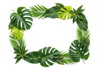 Square frame of lush green tropical leaves isolated on transparent background