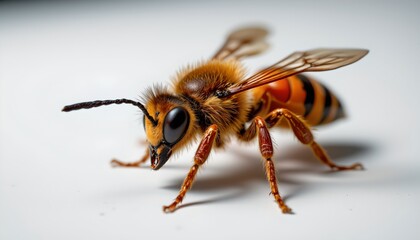 A close up view of a bee with vibrant colors, sitting on a white surface.