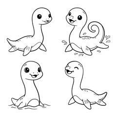 Cute Baby Nessie Coloring Page Set, Loch Ness Cartoon Illustrations for Kids