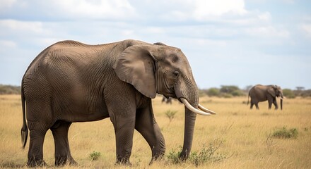 Obraz premium African Elephants Grazing in the Savannah Under Cloudy Sky.