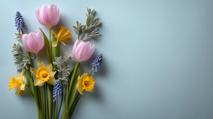 Obraz premium Spring floral composition with pink tulip, yellow daffodil, purple grape hyacinth, green leaves on blue background, cheerful mood
