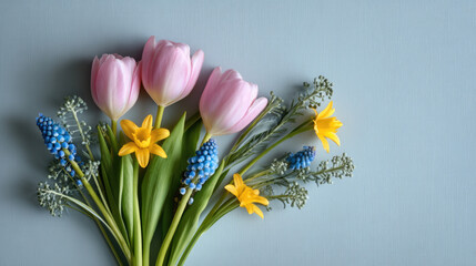 Pink tulip, yellow daffodil, blue grape hyacinth, green leaf, spring flower bouquet on pastel background
