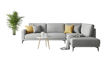 Modern gray sofa with yellow pillows isolated on transparent background